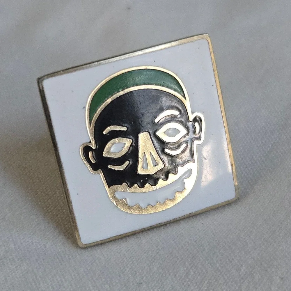 VTG Swank Tribal Face Cufflink Black Green Enamel Single Men Jewelry Gold Square